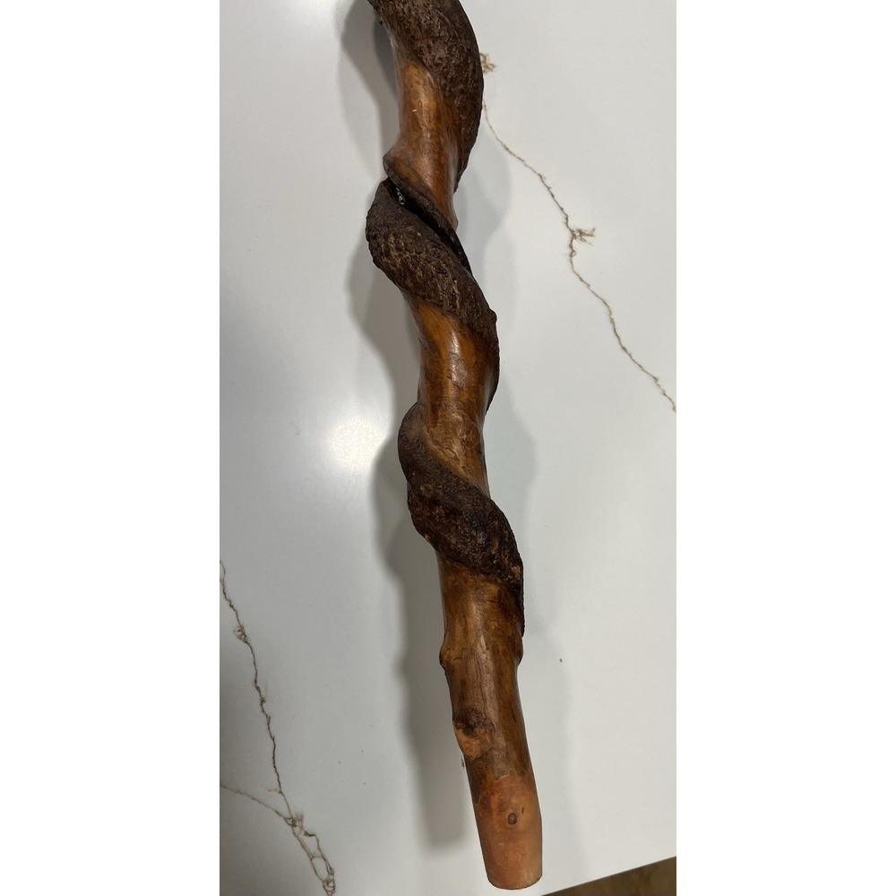 Hand Carved Wooden Walking Stick Spiral Cane with Turquoise Silver Inlay 51" - Picture 12 of 13